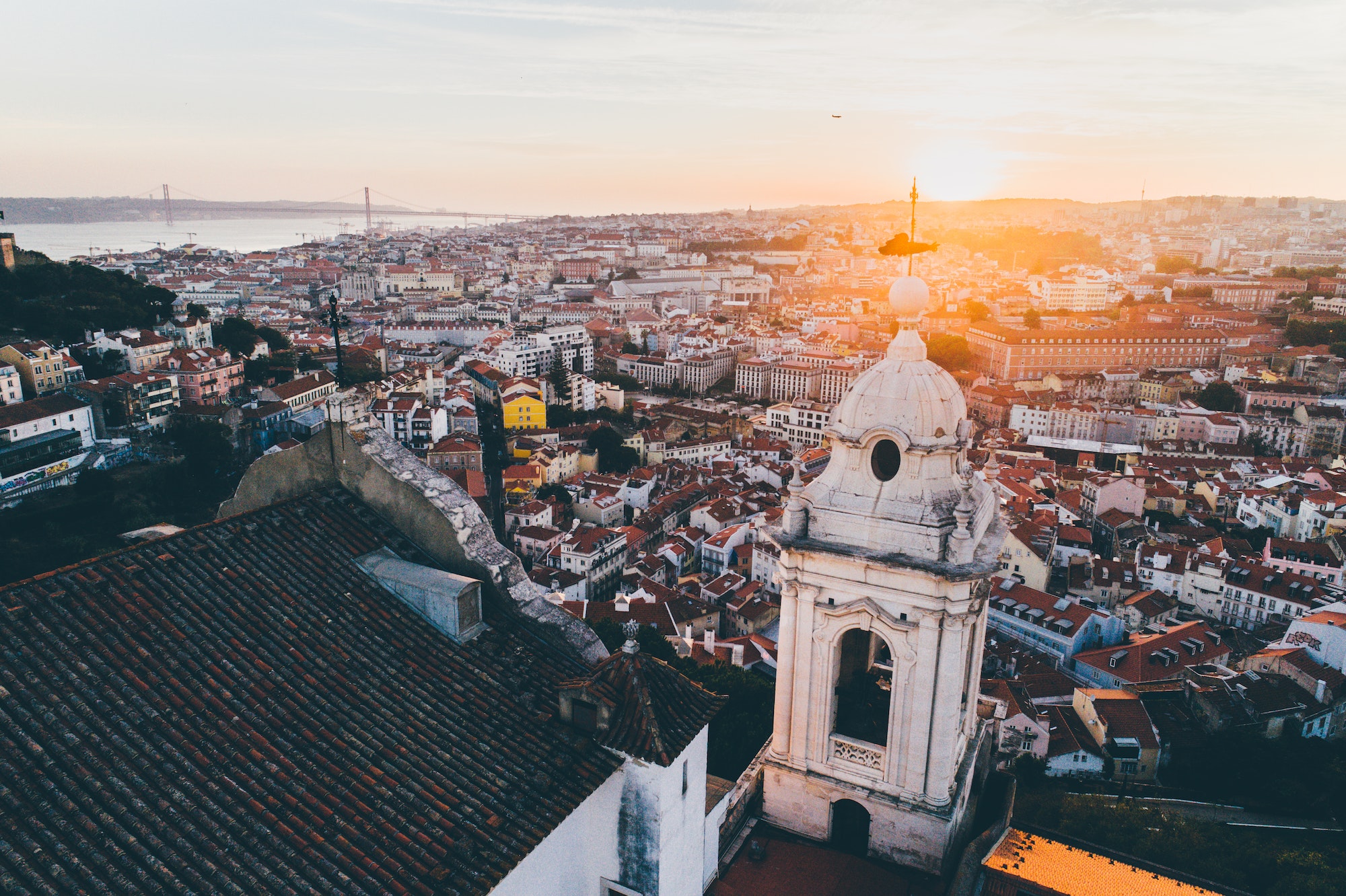 Aerial view beautiful cityscape of Lisbon at sunset