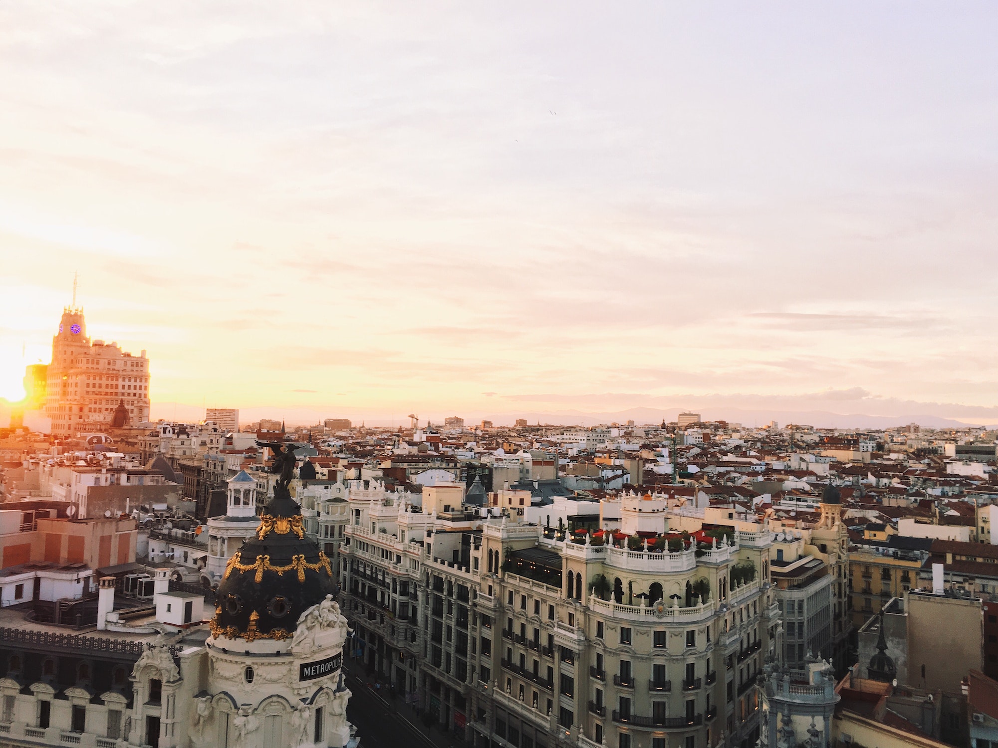City skyline view at sunset of Madrid in Spain